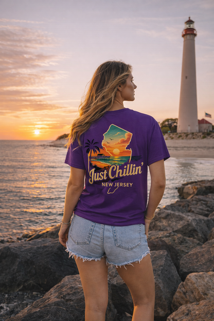 Unisex Heavy Cotton Tee - Just Chilling NJ Sunset Design, Casual Wear, Summer Vibes, Beach Outfit, Gift for Friends, Relaxation Tee