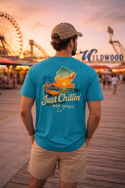 Unisex Heavy Cotton Tee - Just Chilling NJ Sunset Design, Casual Wear, Summer Vibes, Beach Outfit, Gift for Friends, Relaxation Tee