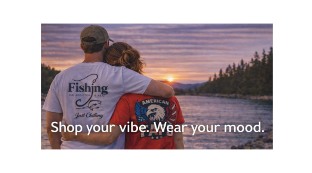 Two people embracing with 'Fishing' and 'American' themed shirts, set against a sunset over water.

