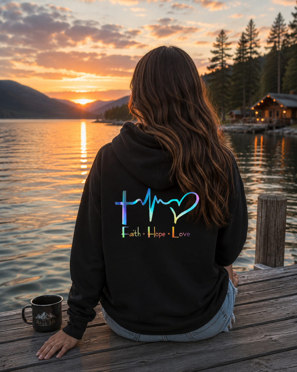 Faith Hope Love Hoodie – Christian Cross Heartbeat Pullover - Just Chilling Shop