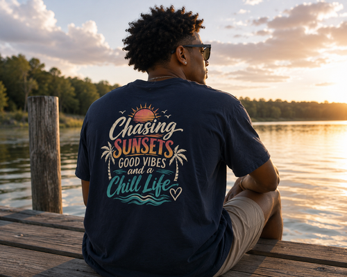 Chasing Sunsets Good Vibes and a Chill Life T-Shirt | Retro Beach Graphic Tee – Soft Cotton