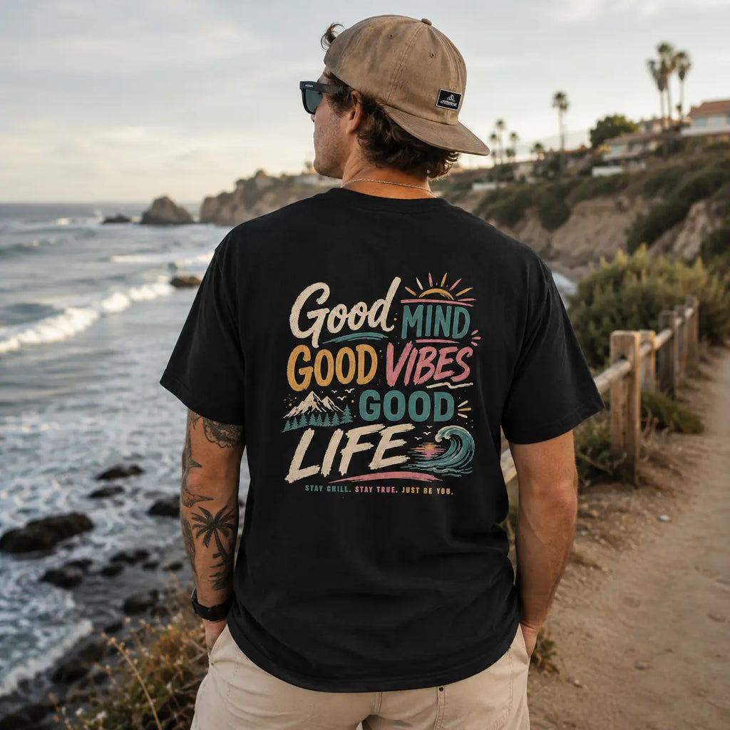 Positive Vibe Shirt | Good Mind Good Vibes Good Life Beach Graphic Tee – Soft Cotton Chill Shirt Just Chilling Inc