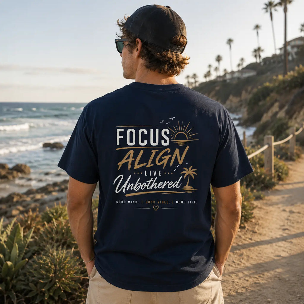 Motivational T-Shirt | Focus Align Live Unbothered Beach Vibes Graphic Tee – Soft Garment-Dyed Cotton Just Chilling Inc