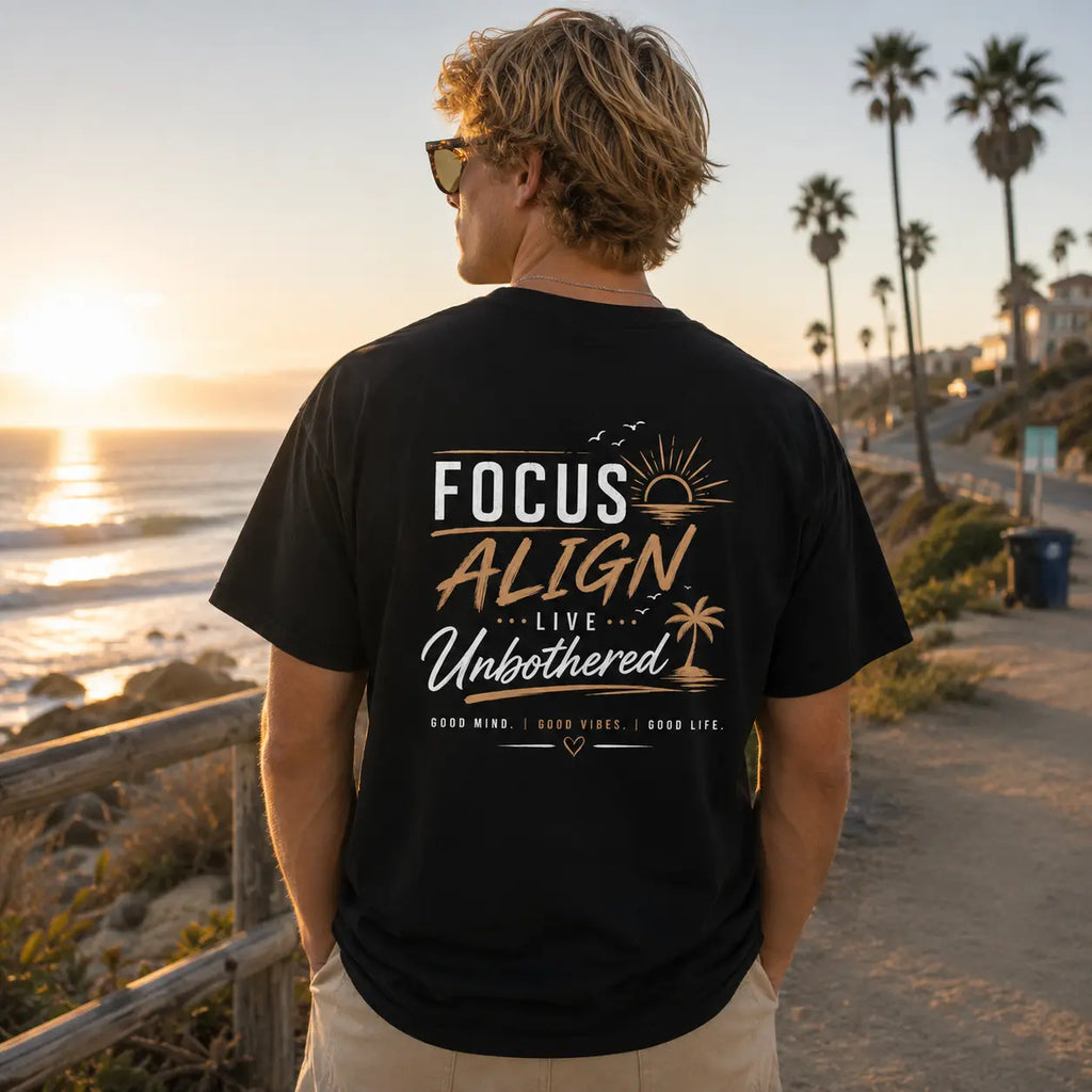 Motivational T-Shirt | Focus Align Live Unbothered Beach Vibes Graphic Tee – Soft Garment-Dyed Cotton Just Chilling Inc