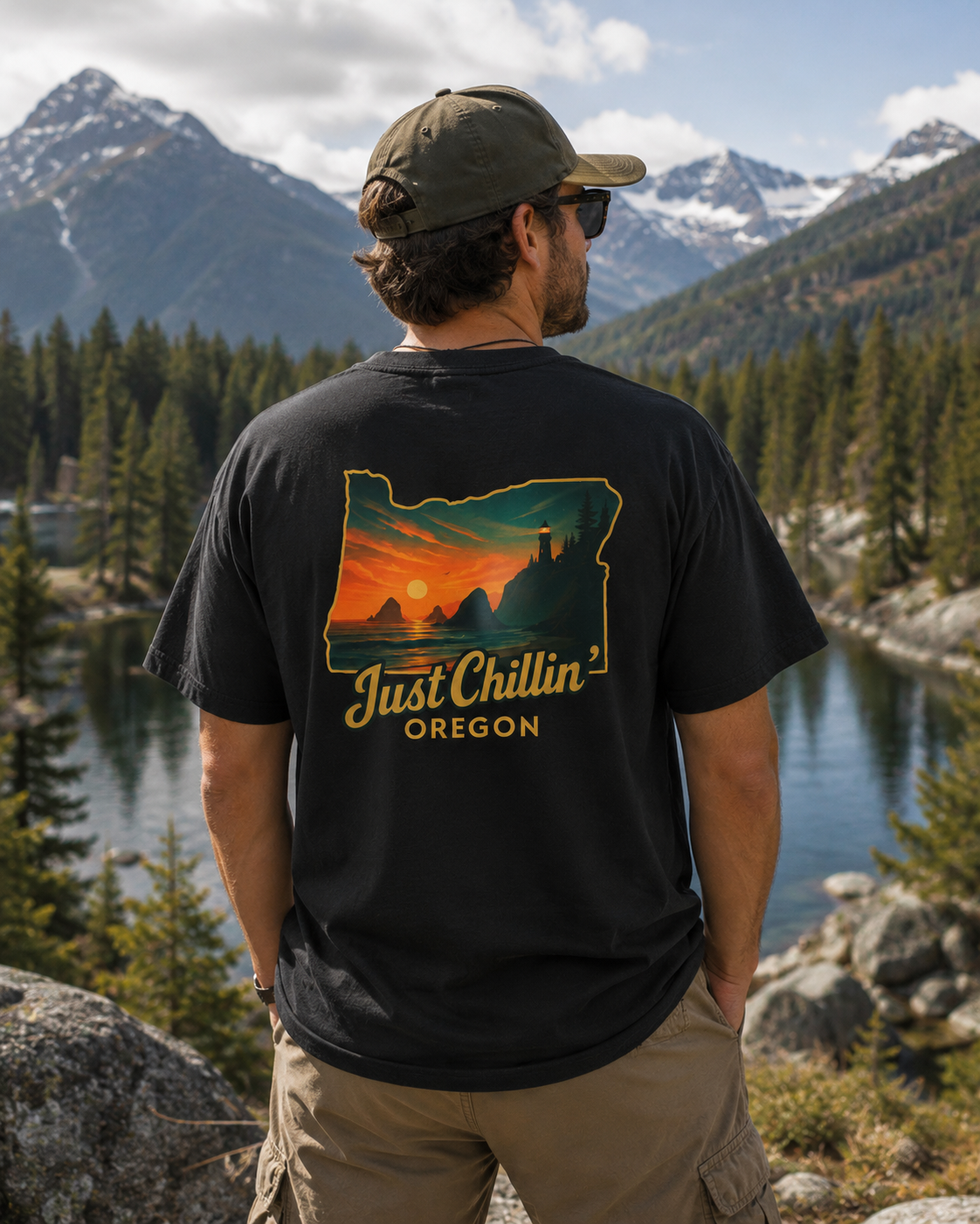 Camiseta "Just Chillin Oregon" — Camiseta vintage con silueta del estado al atardecer