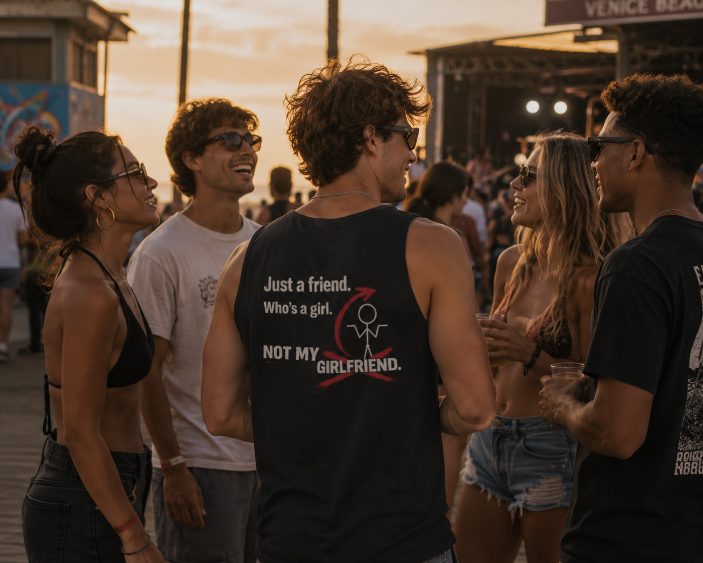 Tank Top — "Just a Friend. Who's a Girl. Not My Girlfriend." Retro Script Chest & Back Graphic