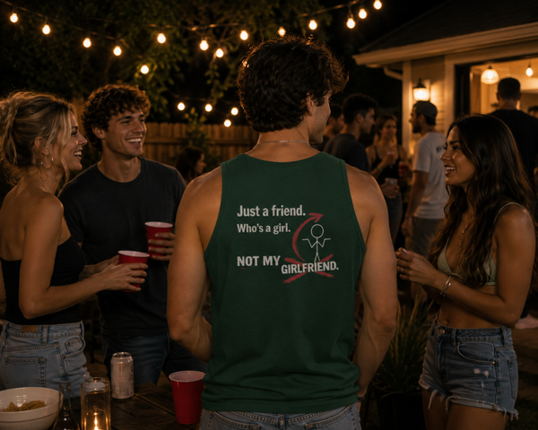 Tank Top — "Just a Friend. Who's a Girl. Not My Girlfriend." Retro Script Chest & Back Graphic