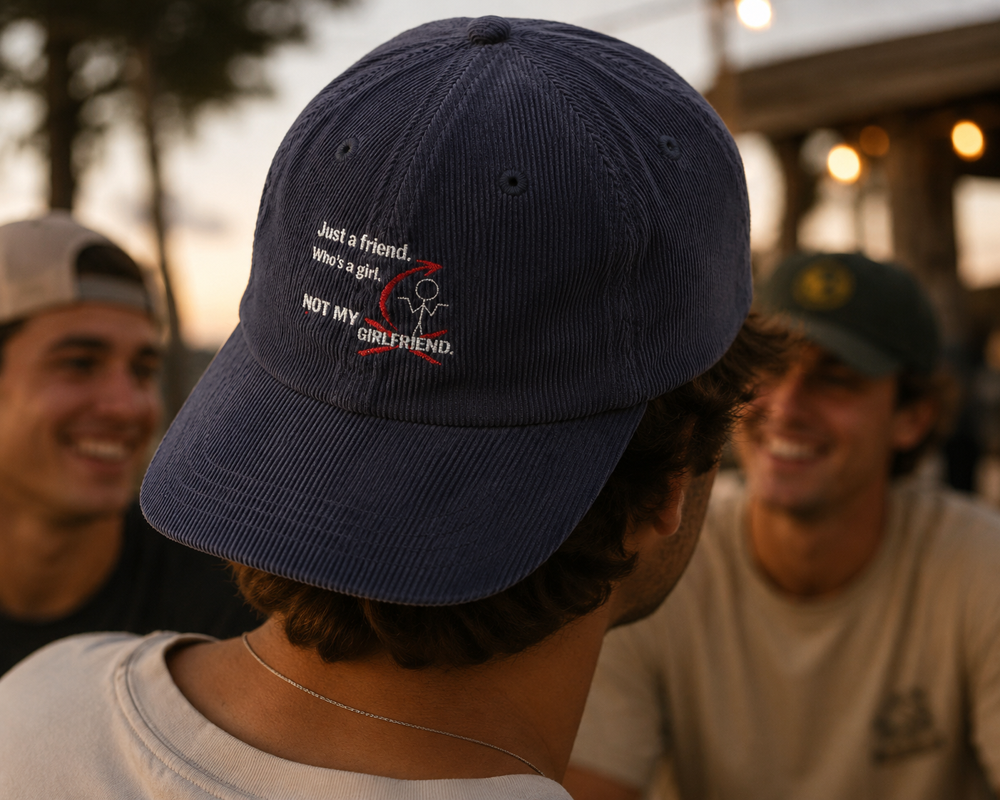 Vintage Corduroy Embroidered Baseball Cap — 'Just a Friend, There's a Guy, That's My Girlfriend' Retro Charm