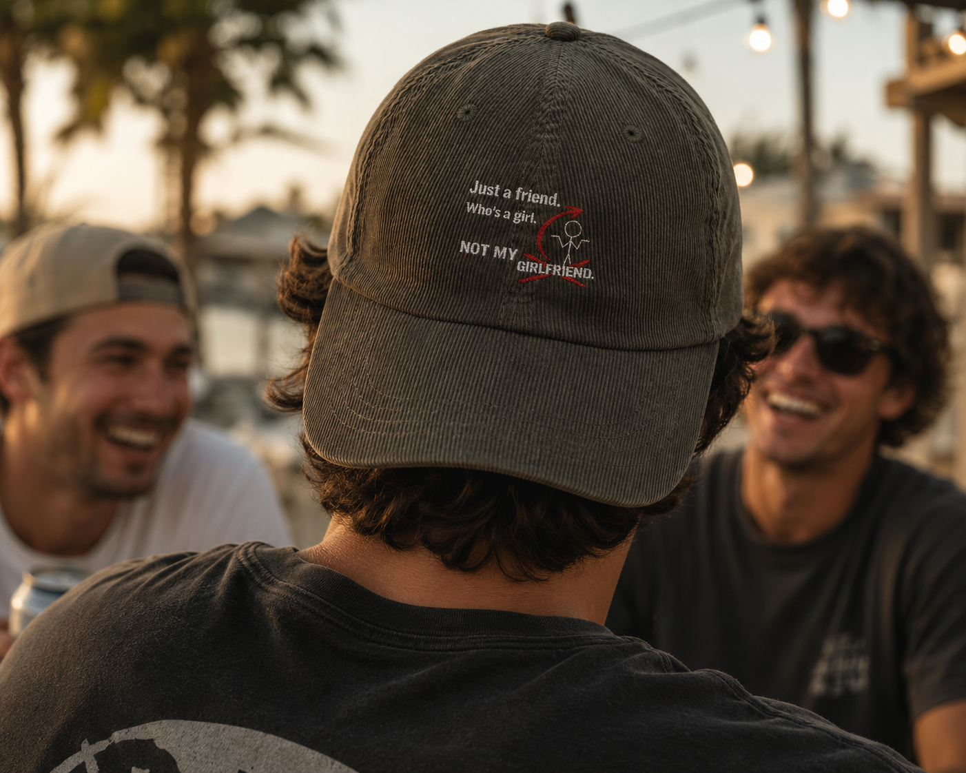Vintage Corduroy Embroidered Baseball Cap — 'Just a Friend, There's a Guy, That's My Girlfriend' Retro Charm