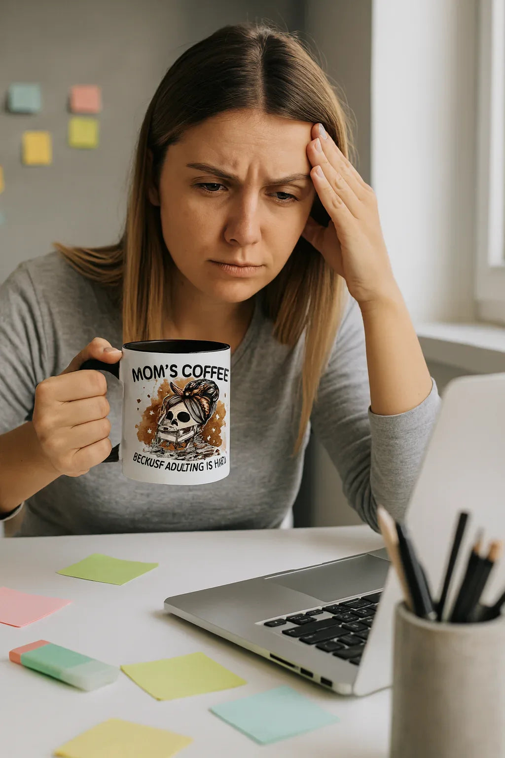 Mom’s Coffee Skeleton Mug – Funny 11oz Two-Tone Accent Mug for Tired Moms (Adulting Is Hard) - Just Chilling Inc.