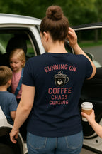 Unisex Heavy Cotton Tee running on coffee chaos and curses - Just Chilling Inc.