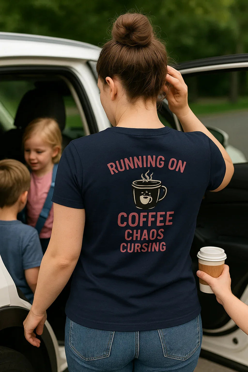 Unisex Heavy Cotton Tee running on coffee chaos and curses - Just Chilling Inc.