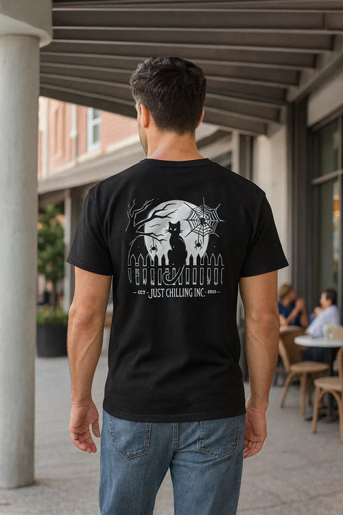 Black Cat T-Shirt – Minimalist Halloween Tee With Moon Design | Comfortable Cotton Top - Just Chilling Inc.