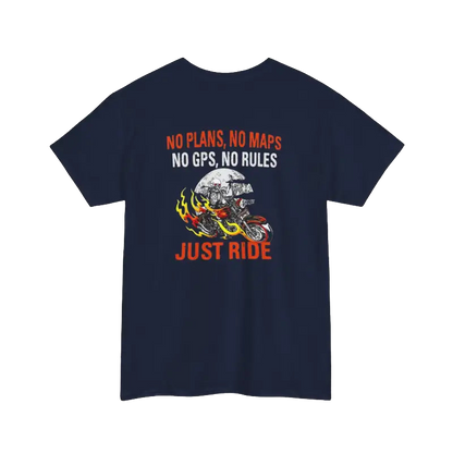 The image is a navy blue t-shirt with a graphic design featuring a motorcycle and the text "NO PLANS, NO MAPS, NO GPS, NO RULES. JUST RIDE" printed on it.