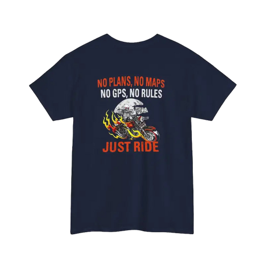The image is a navy blue t-shirt with a graphic design featuring a motorcycle and the text "NO PLANS, NO MAPS, NO GPS, NO RULES. JUST RIDE" printed on it.