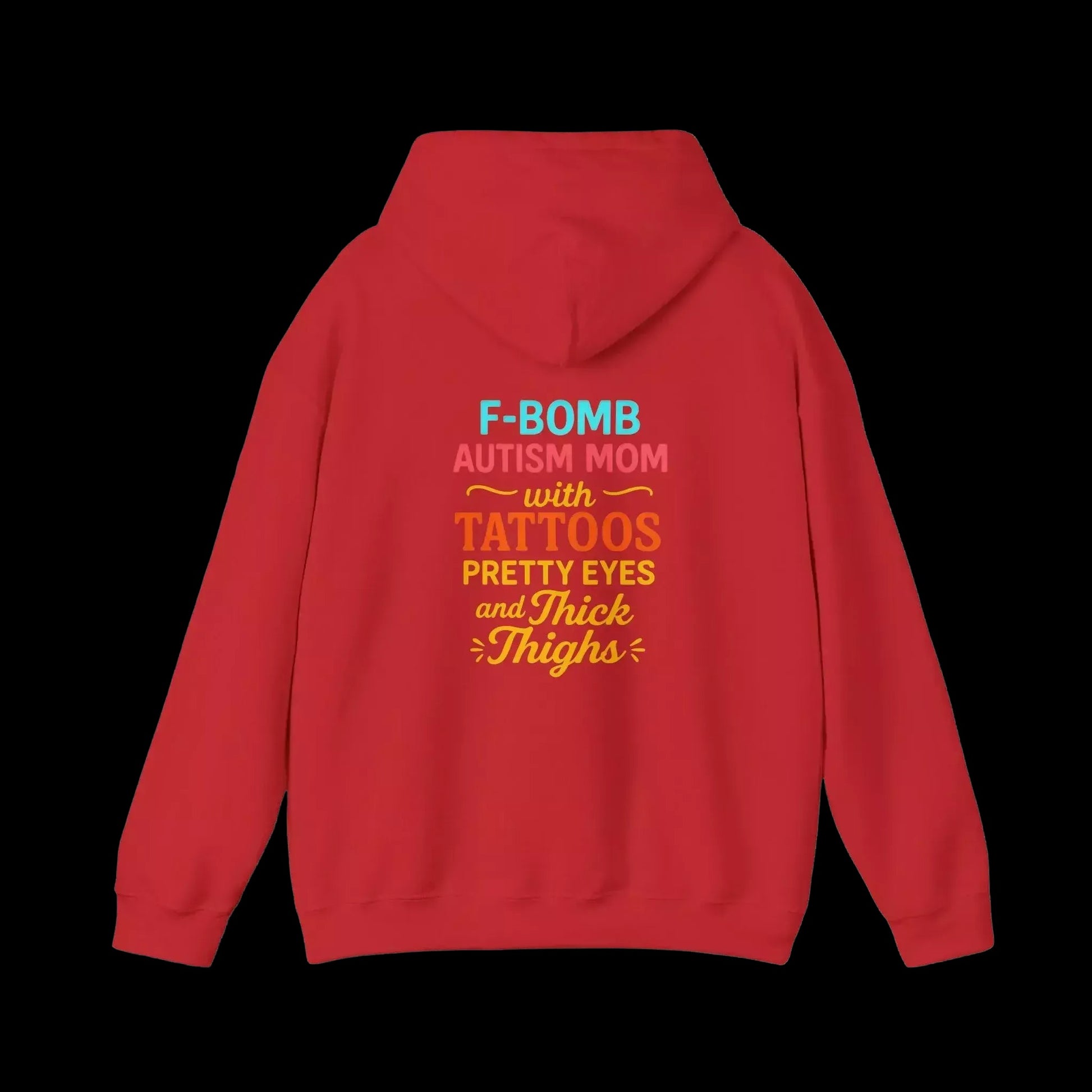 A red hoodie with text on the back.