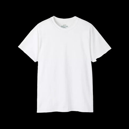 A plain white t-shirt against a black background.