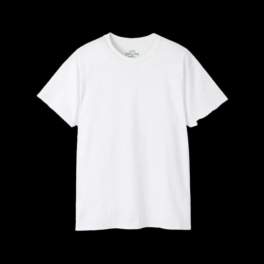 A plain white t-shirt against a black background.