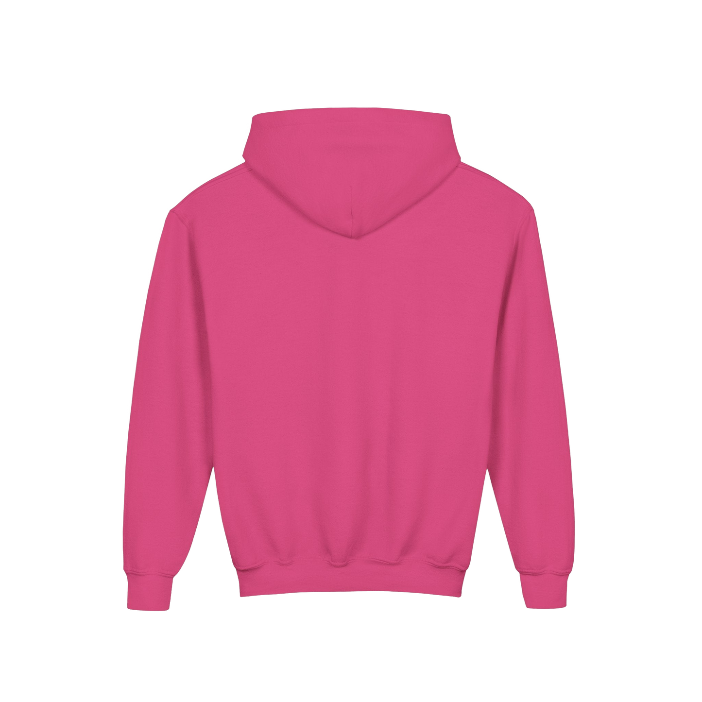 A pink hoodie with a hood is shown against a black background.