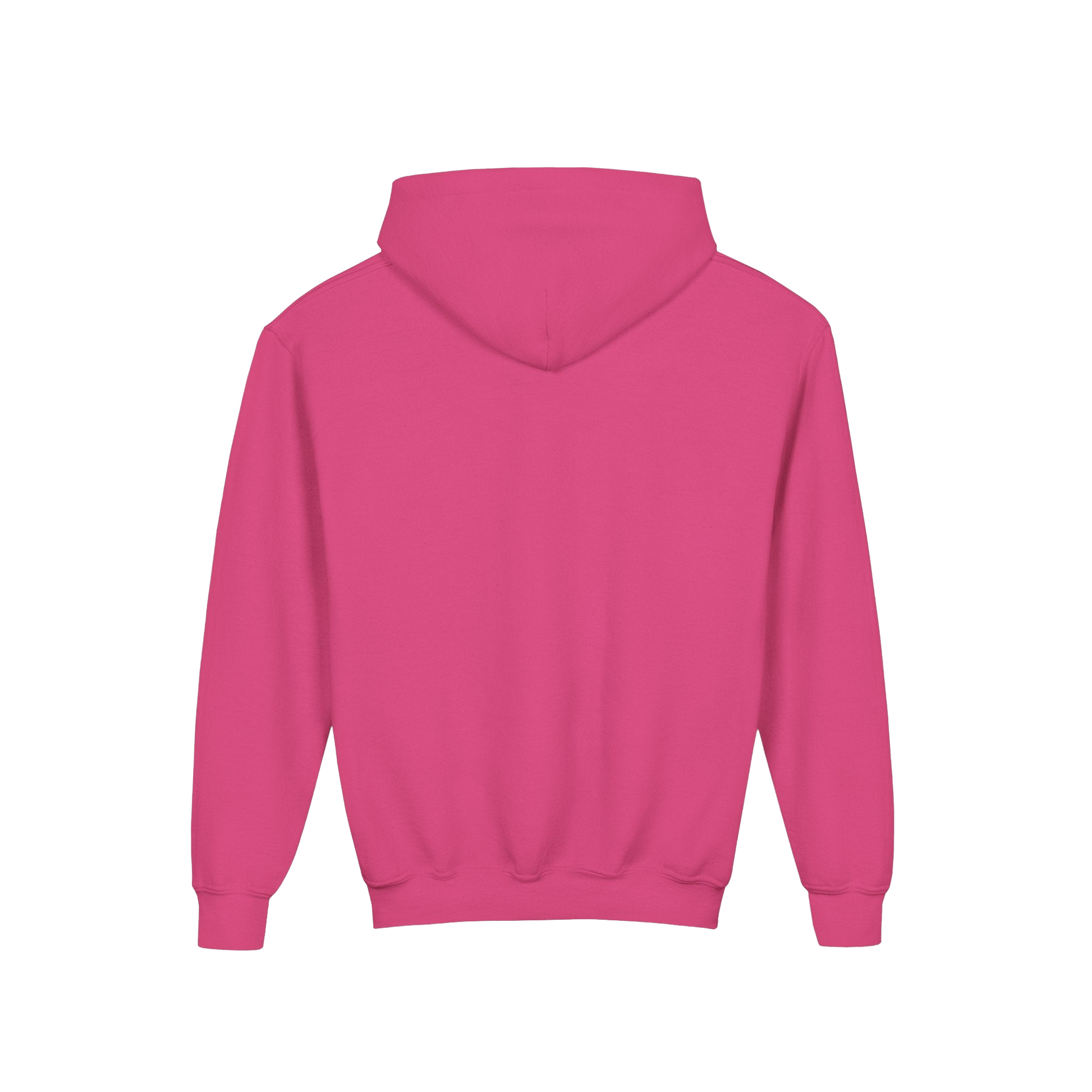 A pink hoodie with a hood is shown against a black background.