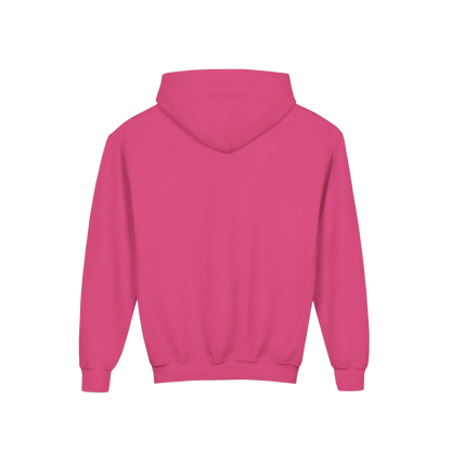 A pink hoodie with a hood is shown against a black background.