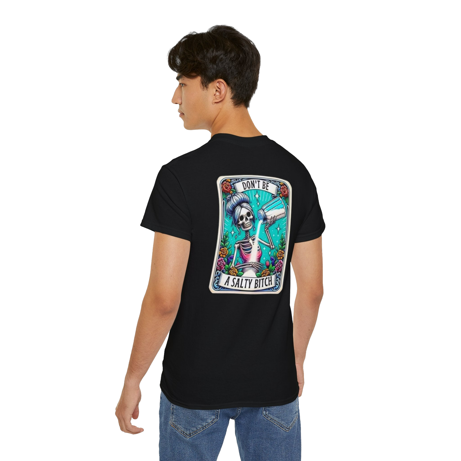 A person wearing a black t-shirt with a graphic design on the back.