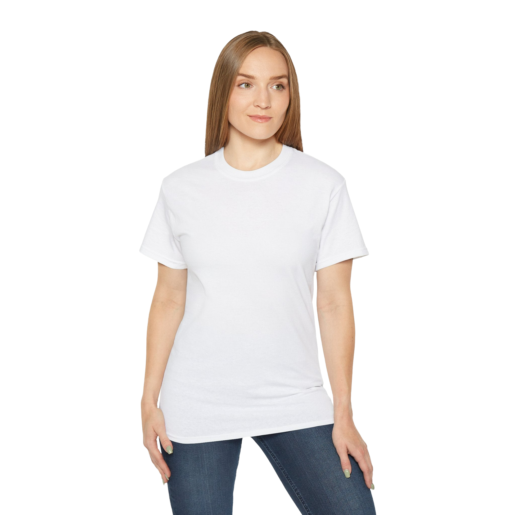 A woman wearing a white t-shirt and blue jeans stands against a black background.