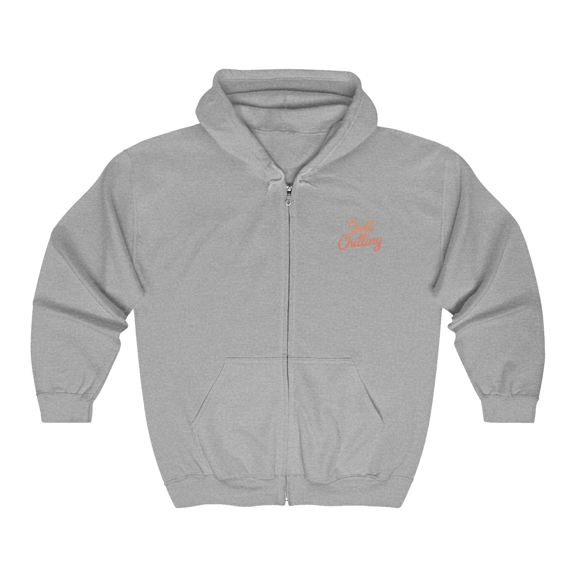 A gray zip-up hoodie with a small orange text logo on the left side.