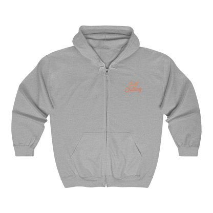 A gray zip-up hoodie with a small orange text logo on the left side.