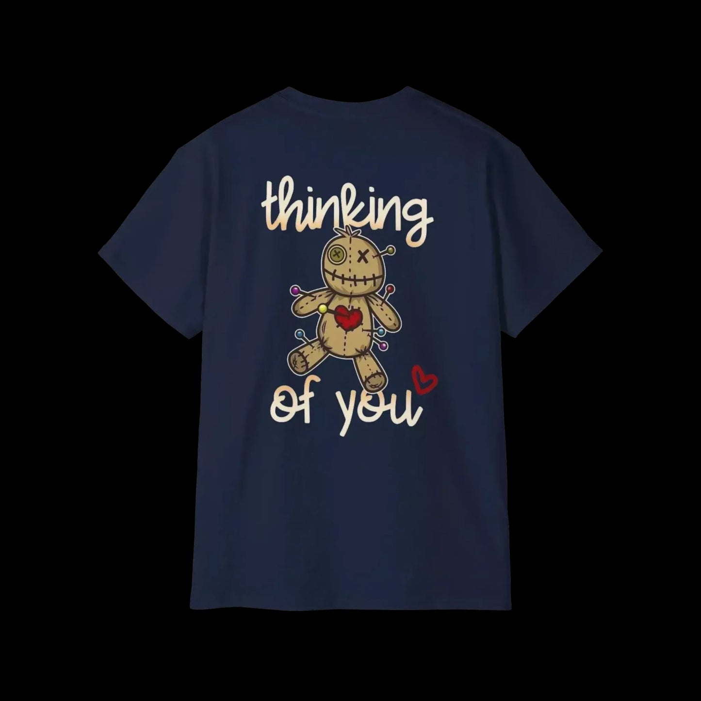 A navy blue t-shirt with a graphic design featuring a voodoo doll with a heart and the text "Thinking of you" printed on it.