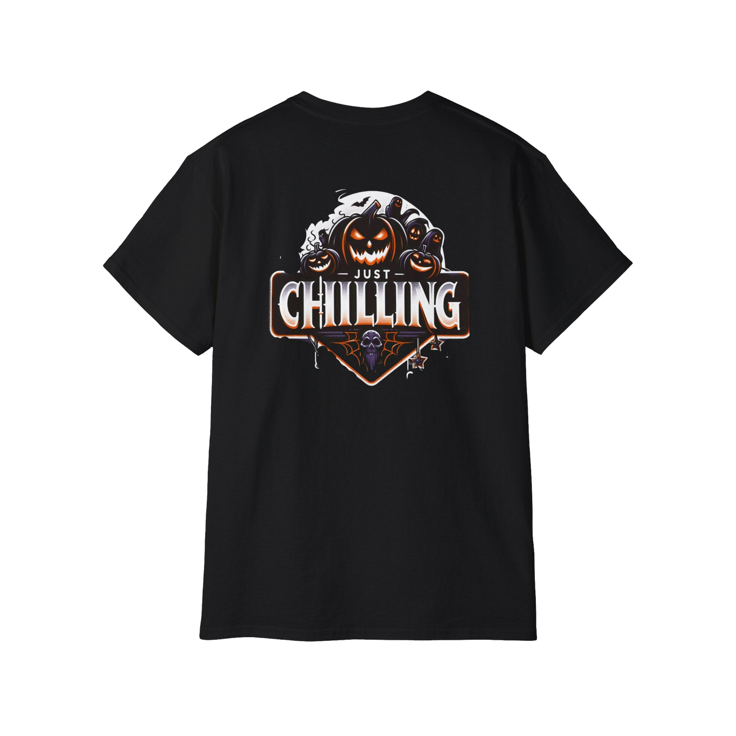 A black t-shirt with a graphic design featuring a pumpkin and a skull, along with the text "Just Chilling" in a stylized font.