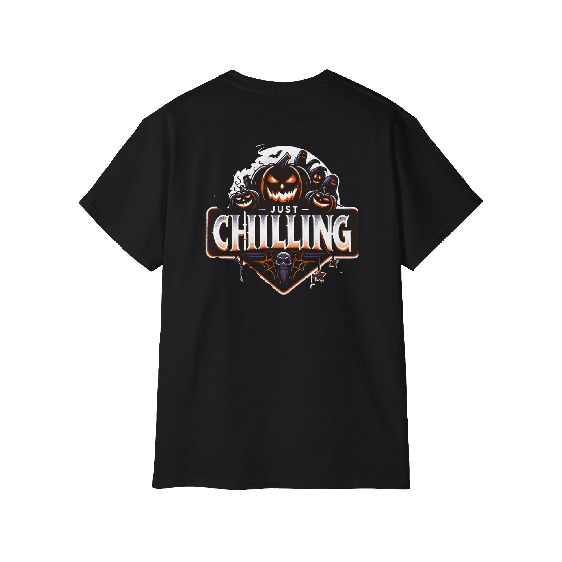 A black t-shirt with a graphic design featuring a pumpkin and a skull, along with the text "Just Chilling" in a stylized font.