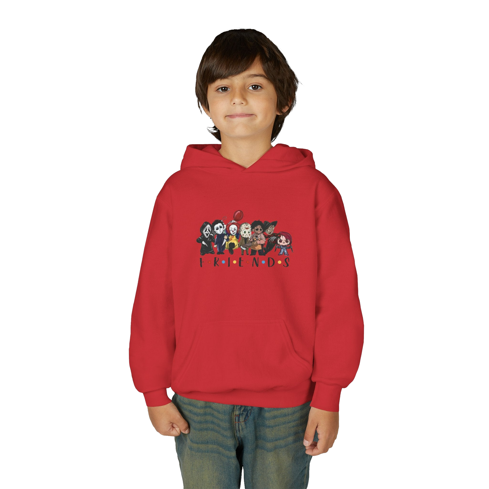 A young boy wearing a red hoodie with a graphic of cartoon characters on it.