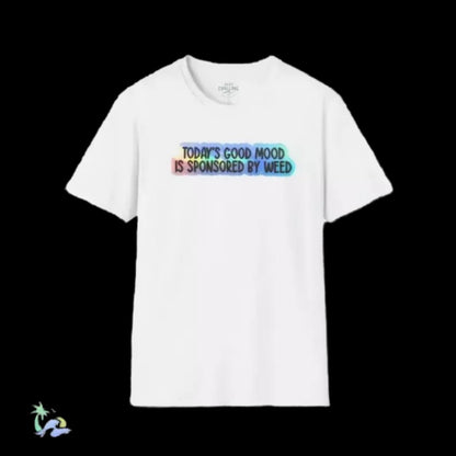 A white t-shirt with a colorful graphic design on it.