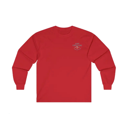 A red long-sleeved shirt with a logo on the left side.