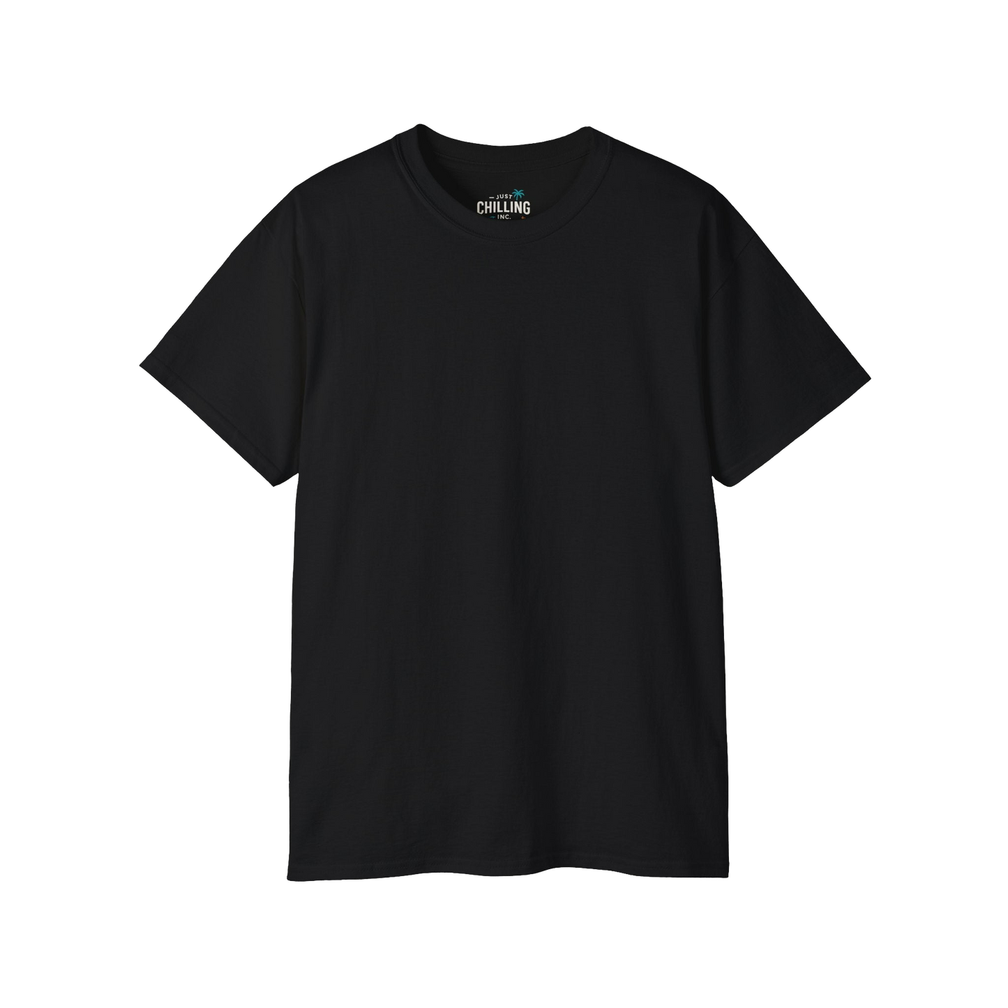 A black t-shirt is shown against a black background.