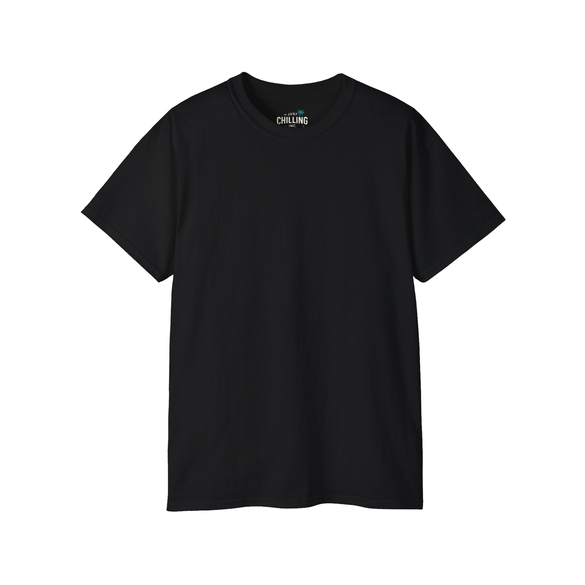 A black t-shirt is shown against a black background.