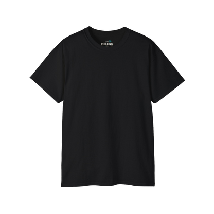 A black t-shirt is shown against a black background.