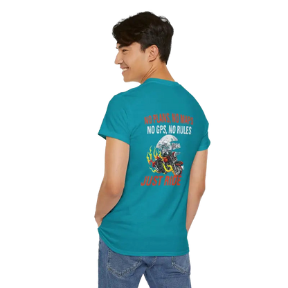 A person wearing a teal t-shirt with a graphic design and text on the back.