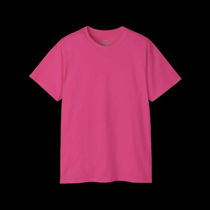 A bright pink t-shirt is shown against a black background.