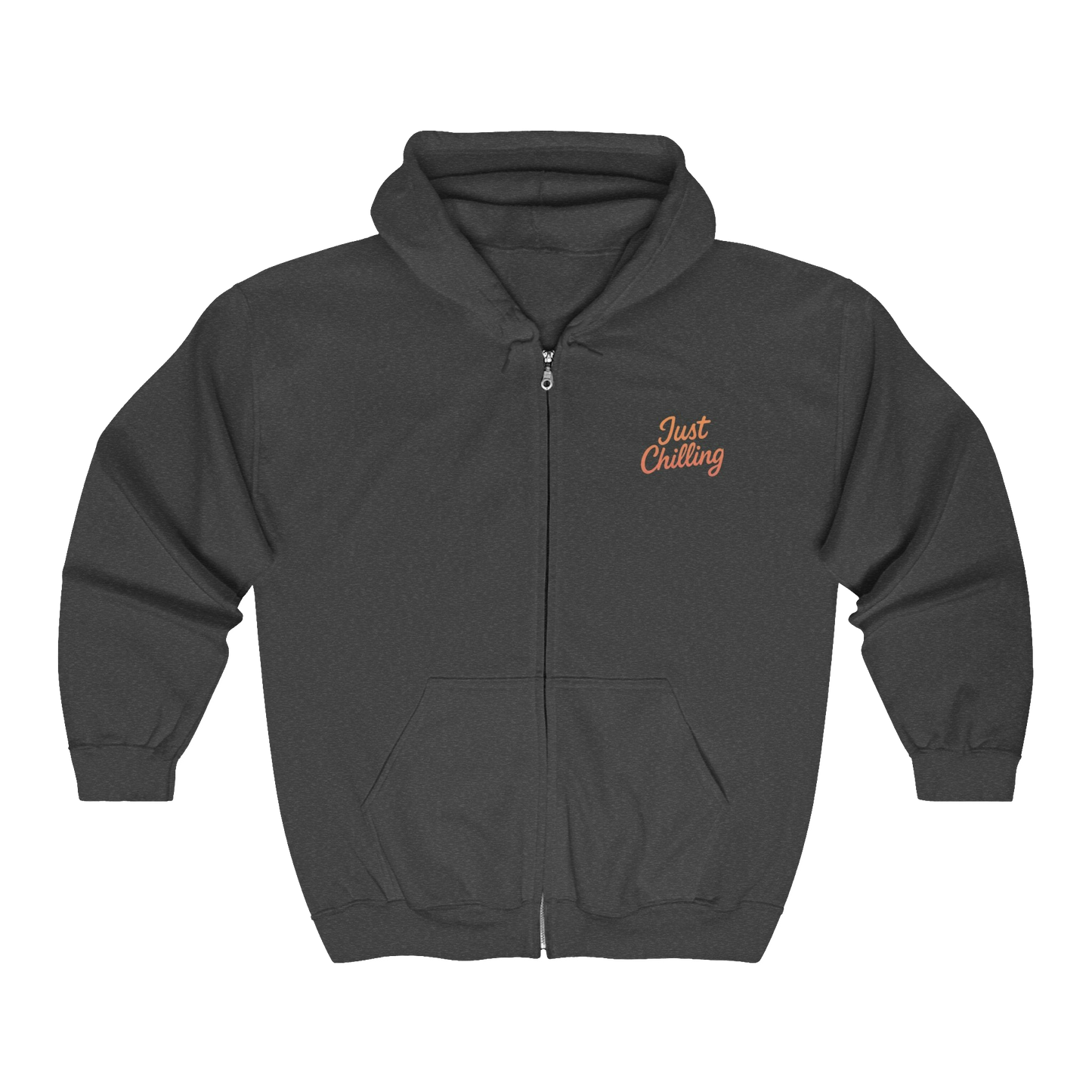 A gray zip-up hoodie with the text "Just Chilling" printed on the front.