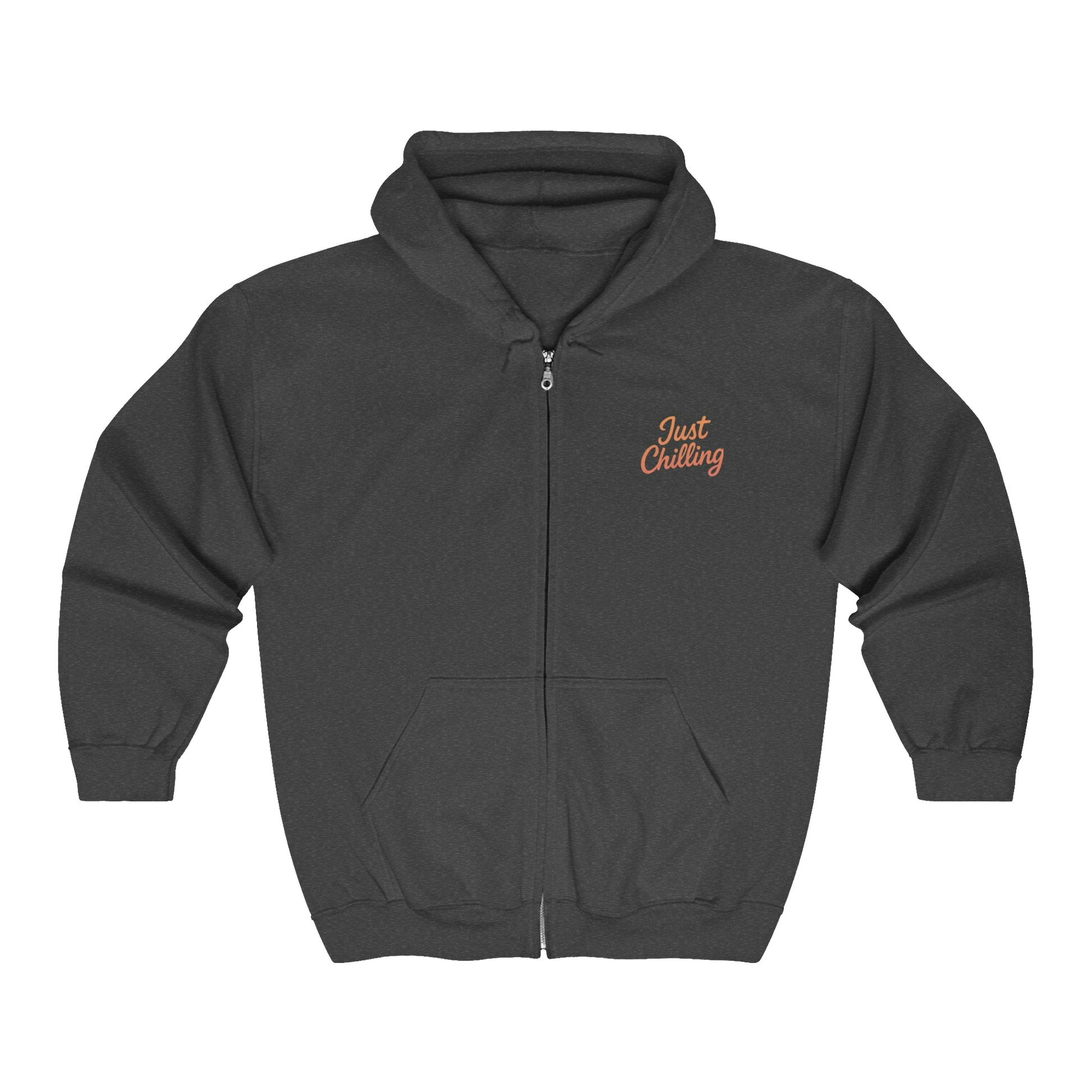 A gray zip-up hoodie with the text "Just Chilling" printed on the front.