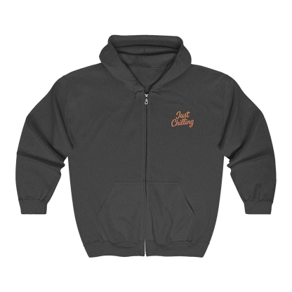 A gray zip-up hoodie with the text "Just Chilling" printed on the front.
