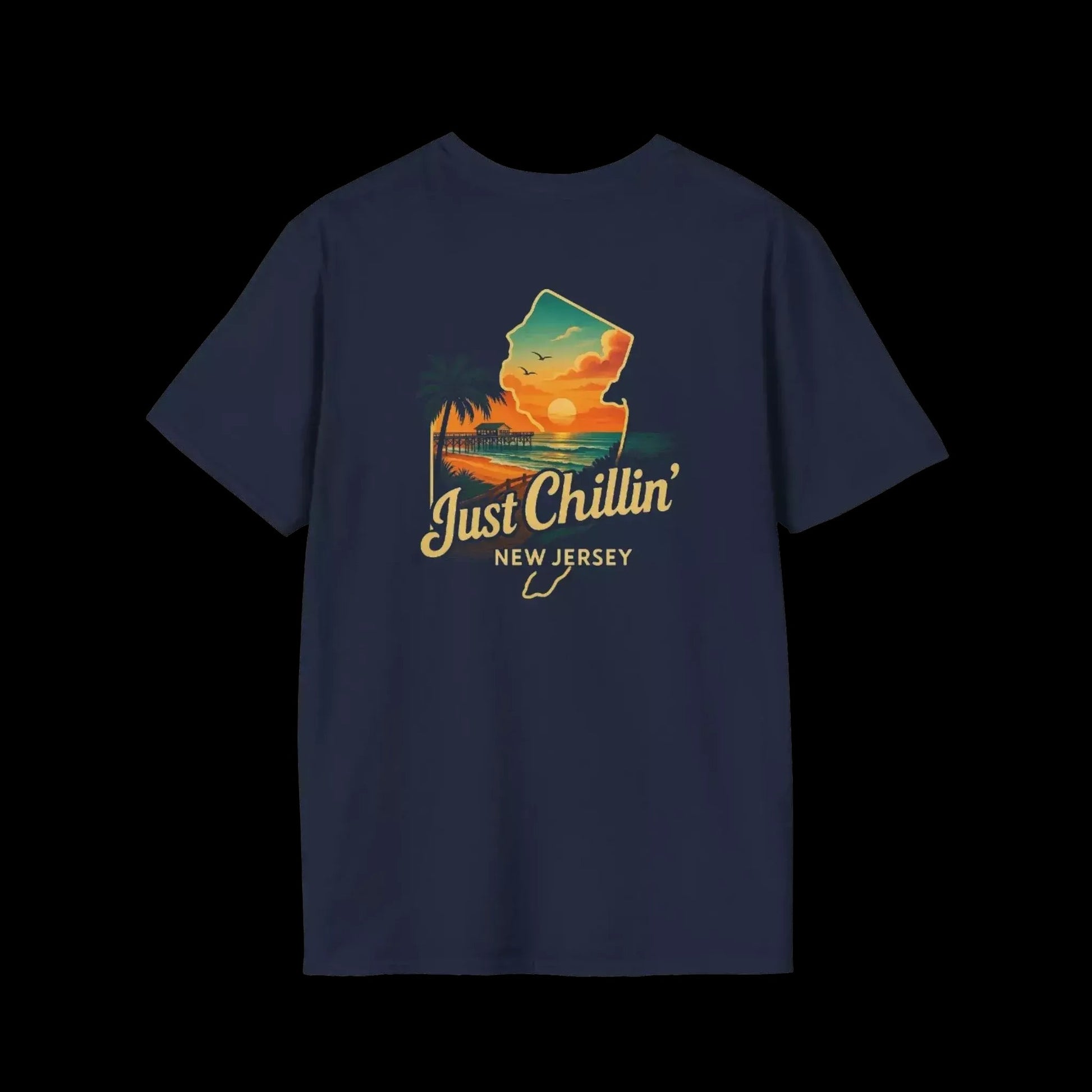 A navy blue t-shirt with a graphic design depicting a sunset over a beach and palm trees, along with the text "Just Chillin' NEW JERSEY".