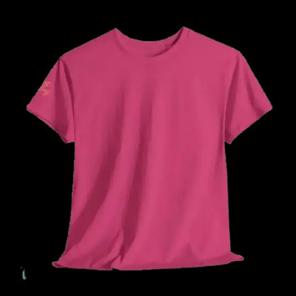 A bright pink t-shirt is shown against a black background.