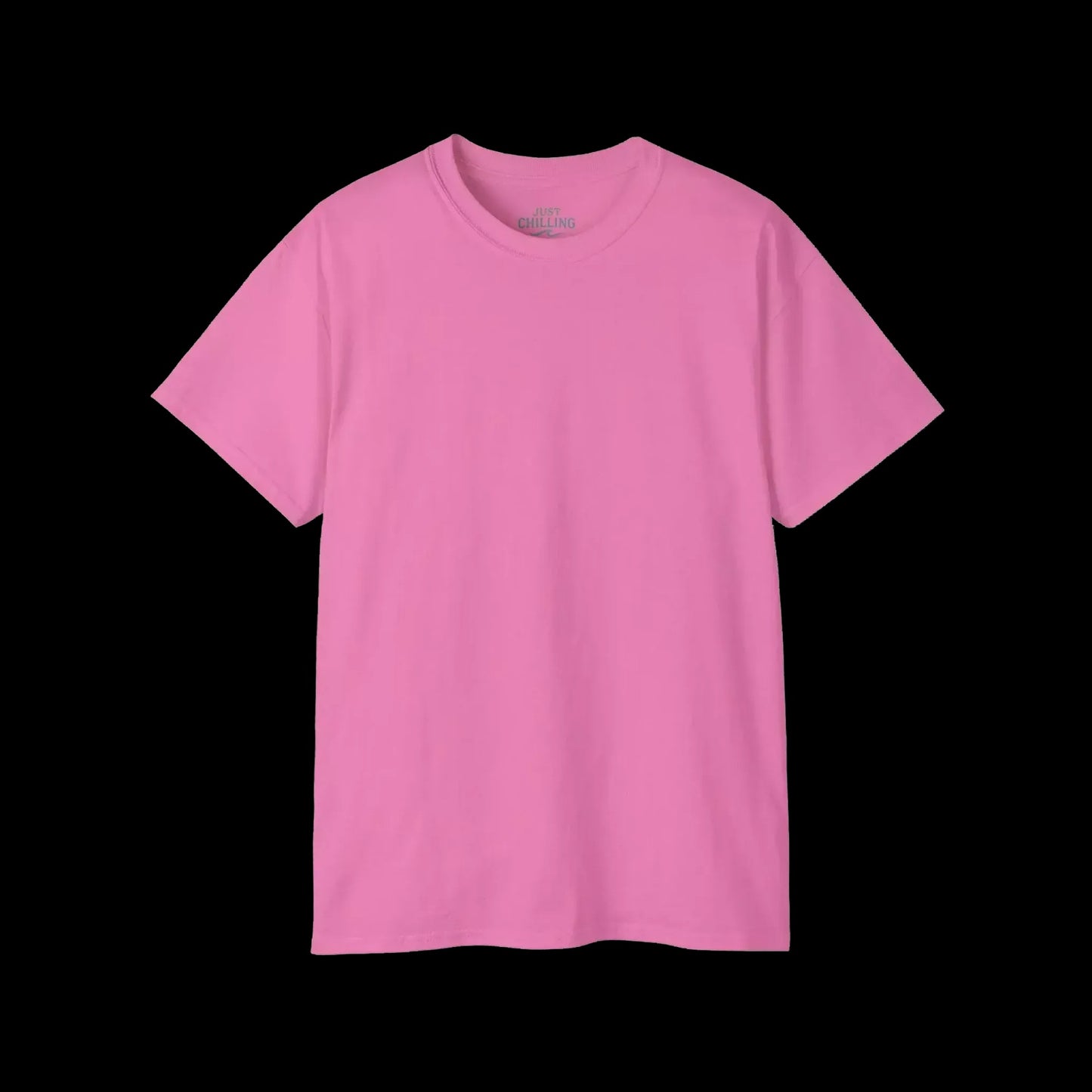 A plain, solid pink t-shirt is shown against a black background.