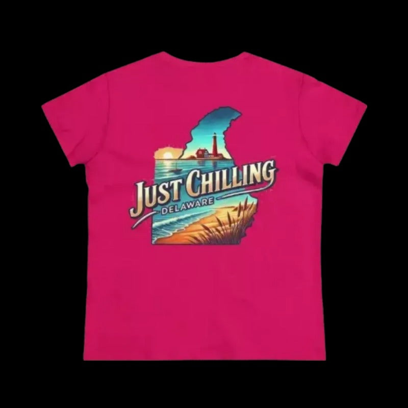A pink T-shirt with a graphic design depicting a beach scene and the text "Just Chilling Delaware" printed on it.