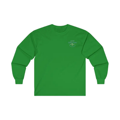 A bright green long-sleeved shirt with a logo on the left side.