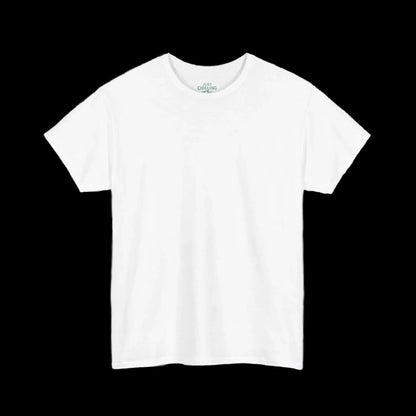 A plain white t-shirt against a black background.