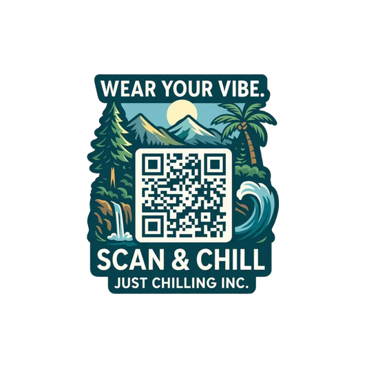 a sticker with a QR code, surrounded by various tropical elements such as palm trees, mountains, and a waterfall. The sticker has a message encouraging people to "Wear your vibe" and includes the text "SCAN & CHILL JUST CHILLING INC."